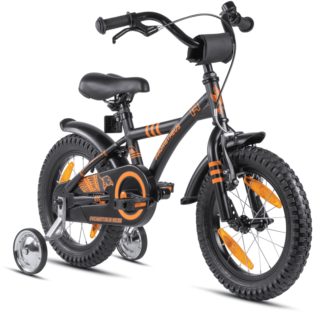 Kinderfahrrad 14 Zoll ab 3-4 Jahre mit Stützräder in Schwarz Matt & Or – prometheus-bikes