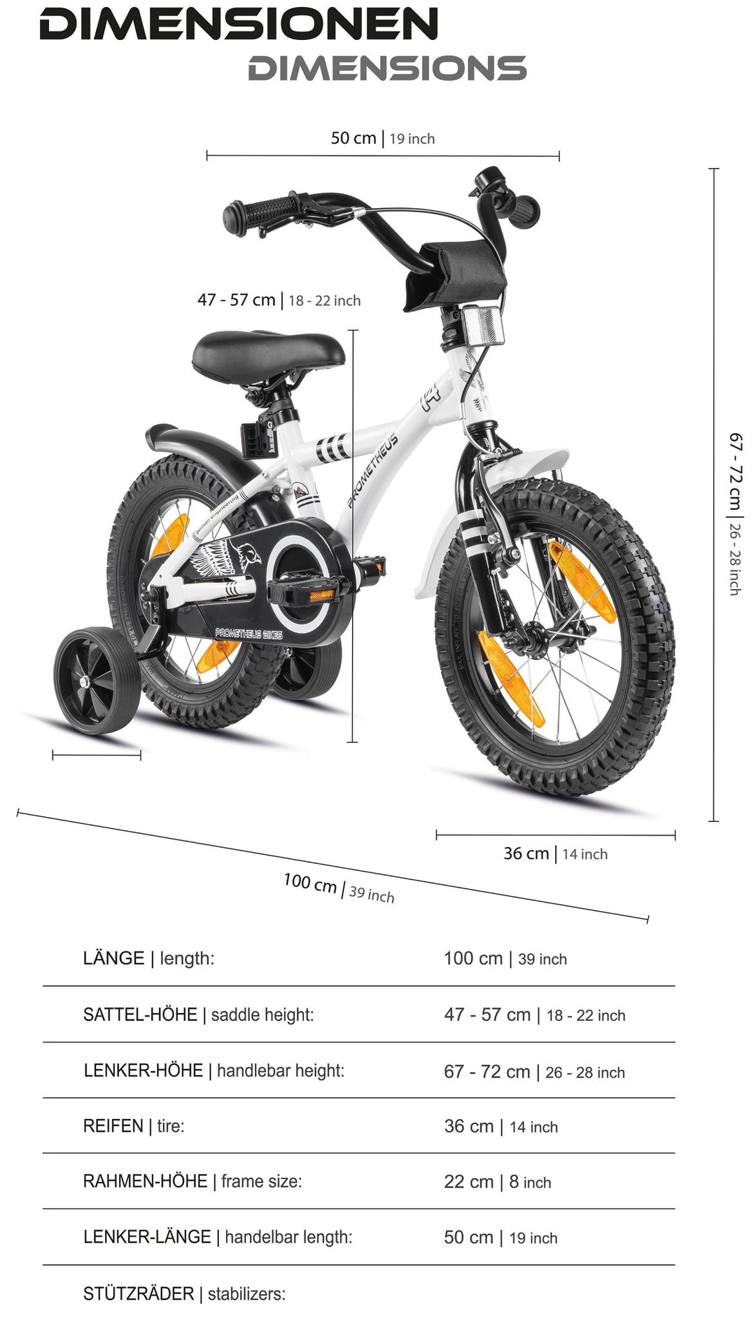 Kinderfahrrad 14 Zoll ab 3 - 4 Jahre mit Stützräder in Weiß & Schwarz – Kinderfahrrad 14 Zoll von prometheus - bikes | prometheus - bikes