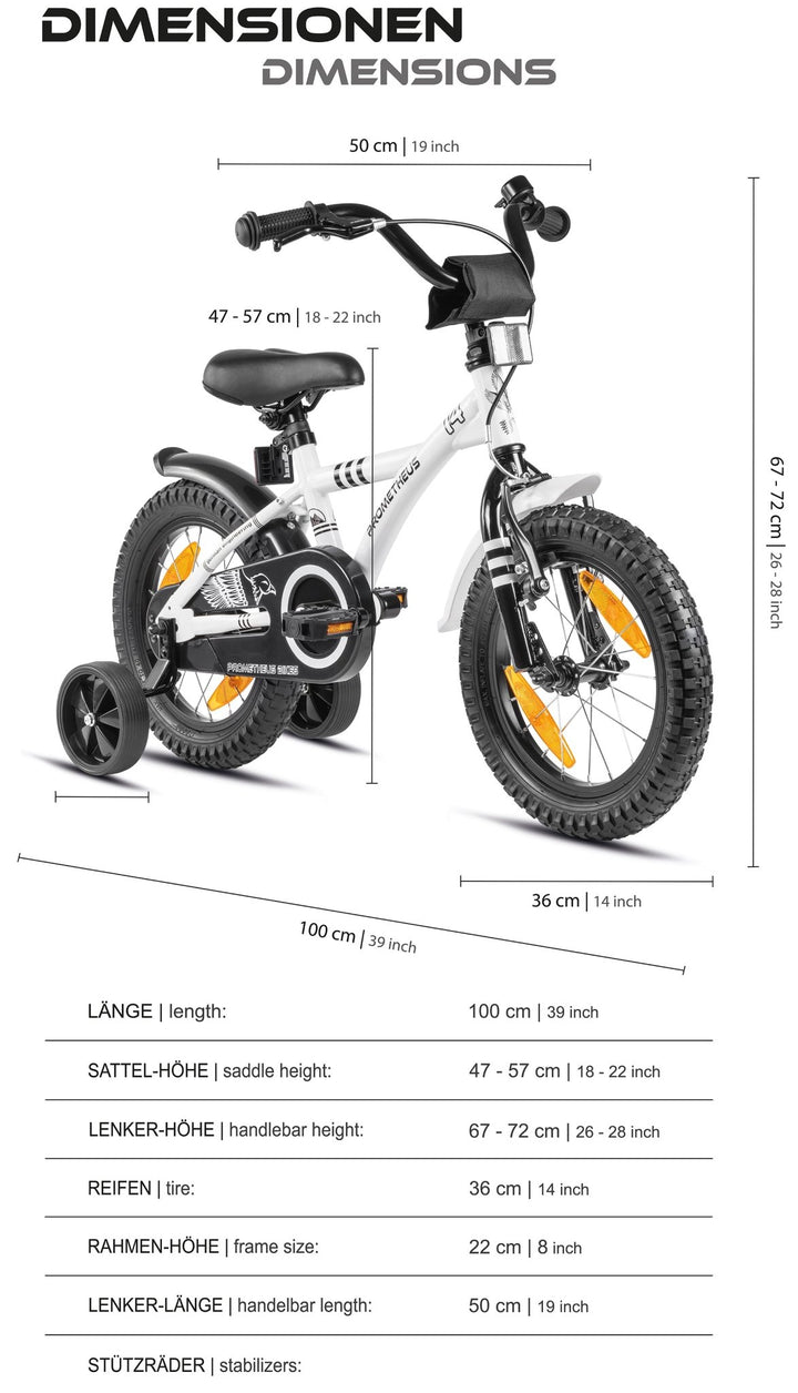 Kinderfahrrad 14 Zoll ab 3 - 4 Jahre mit Stützräder in Weiß & Schwarz – Kinderfahrrad 14 Zoll von prometheus - bikes | prometheus - bikes