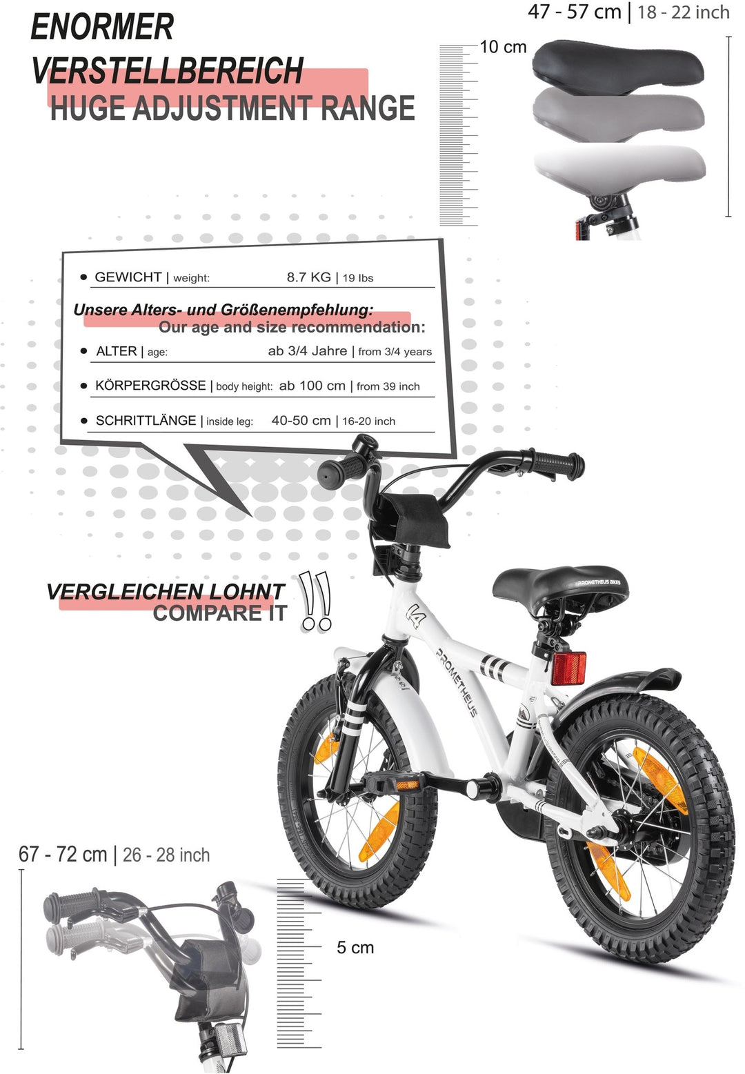 Kinderfahrrad 14 Zoll ab 3 - 4 Jahre mit Stützräder in Weiß & Schwarz – Kinderfahrrad 14 Zoll von prometheus - bikes | prometheus - bikes