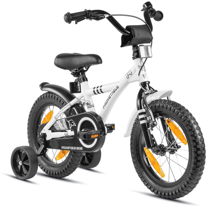 Kinderfahrrad 14 Zoll ab 3 - 4 Jahre mit Stützräder in Weiß & Schwarz – Kinderfahrrad 14 Zoll von prometheus - bikes | prometheus - bikes
