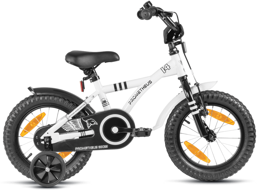 Kinderfahrrad 14 Zoll ab 3 - 4 Jahre mit Stützräder in Weiß & Schwarz – Kinderfahrrad 14 Zoll von prometheus - bikes | prometheus - bikes