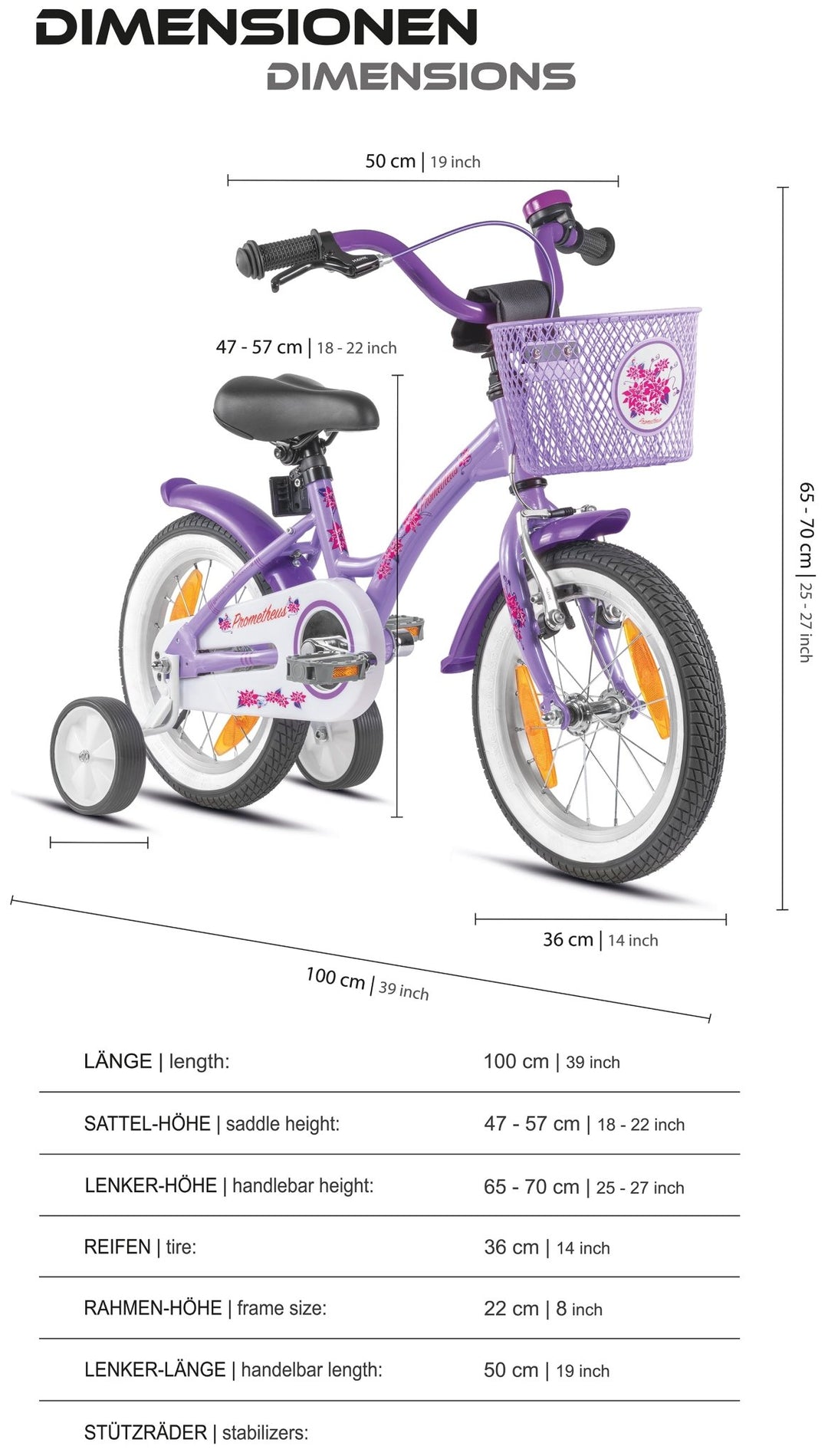 Kinderfahrrad 14 Zoll ab 3 - 4 Jahre mit Stützräder Violett & Weiß – Kinderfahrrad 14 Zoll von prometheus - bikes | prometheus - bikes