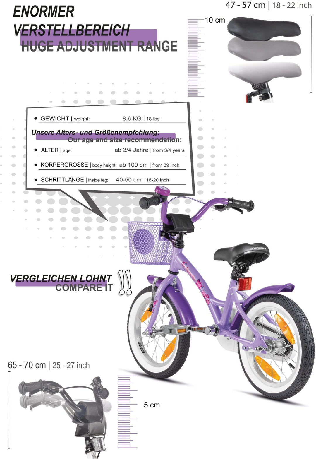Kinderfahrrad 14 Zoll ab 3 - 4 Jahre mit Stützräder Violett & Weiß – Kinderfahrrad 14 Zoll von prometheus - bikes | prometheus - bikes