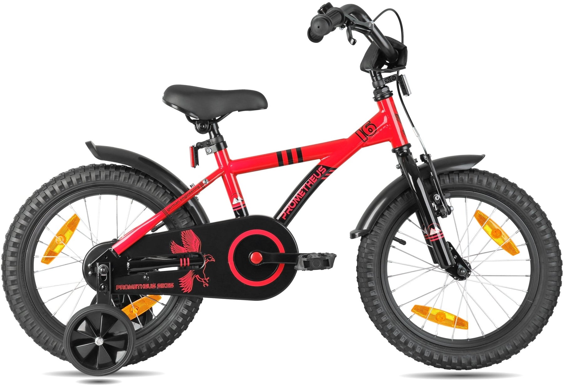 prometheus kinderfahrrad 16 zoll kids' bike 16 inch from 4-5 years with stabilisers in red & black