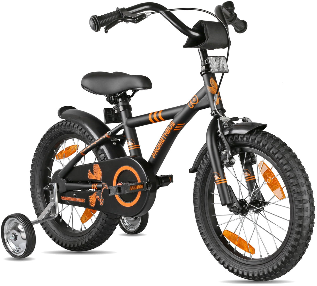 Kinderfahrrad 16 Zoll ab 4-5 Jahre mit Stützräder in Schwarz Matt & Or – prometheus-bikes
