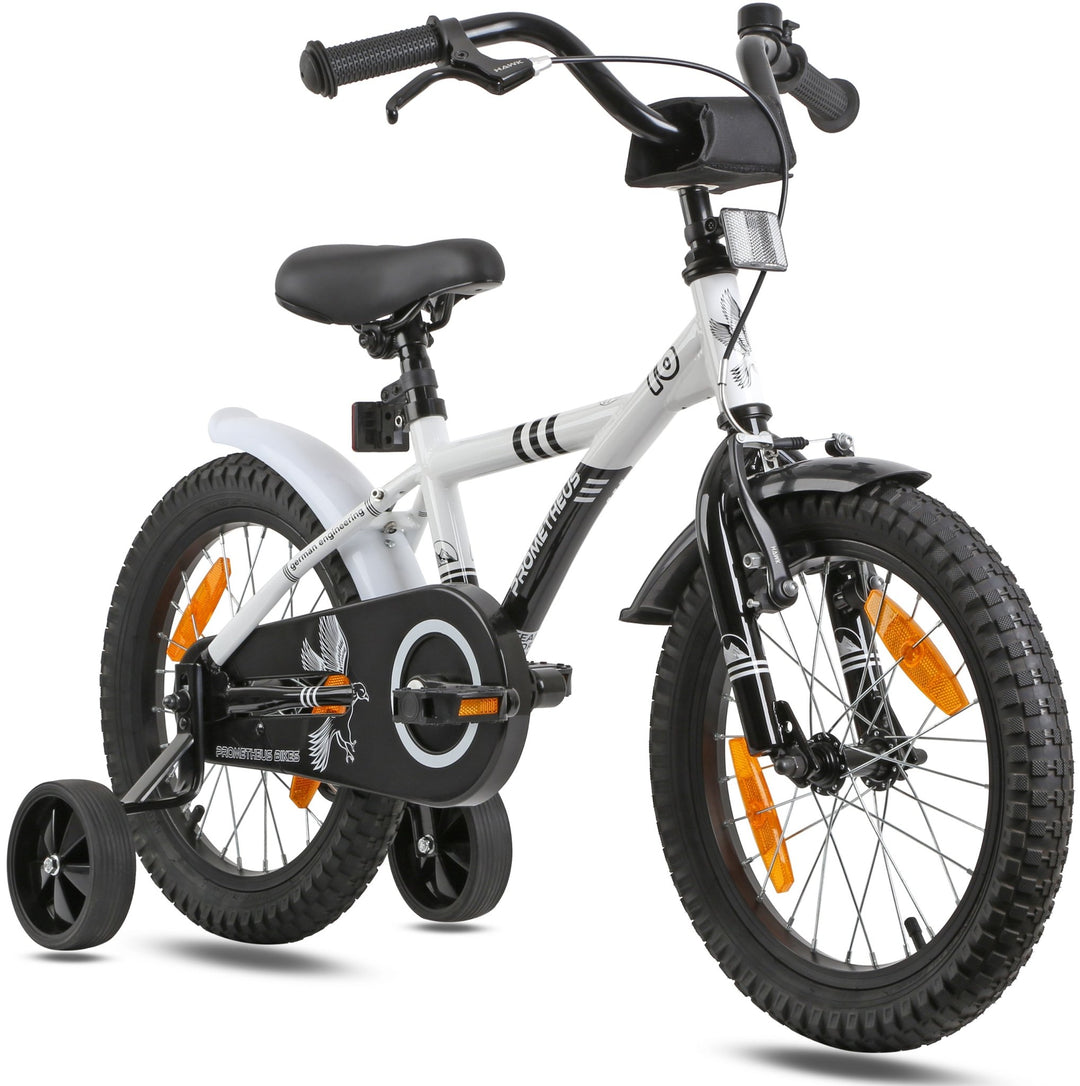kinderfahrrad ab 5 jahre mit stützräder Kinderfahrrad 16 Zoll ab 4-5 Jahre mit Stützräder in Weiß & Schwarz – prometheus-bikes